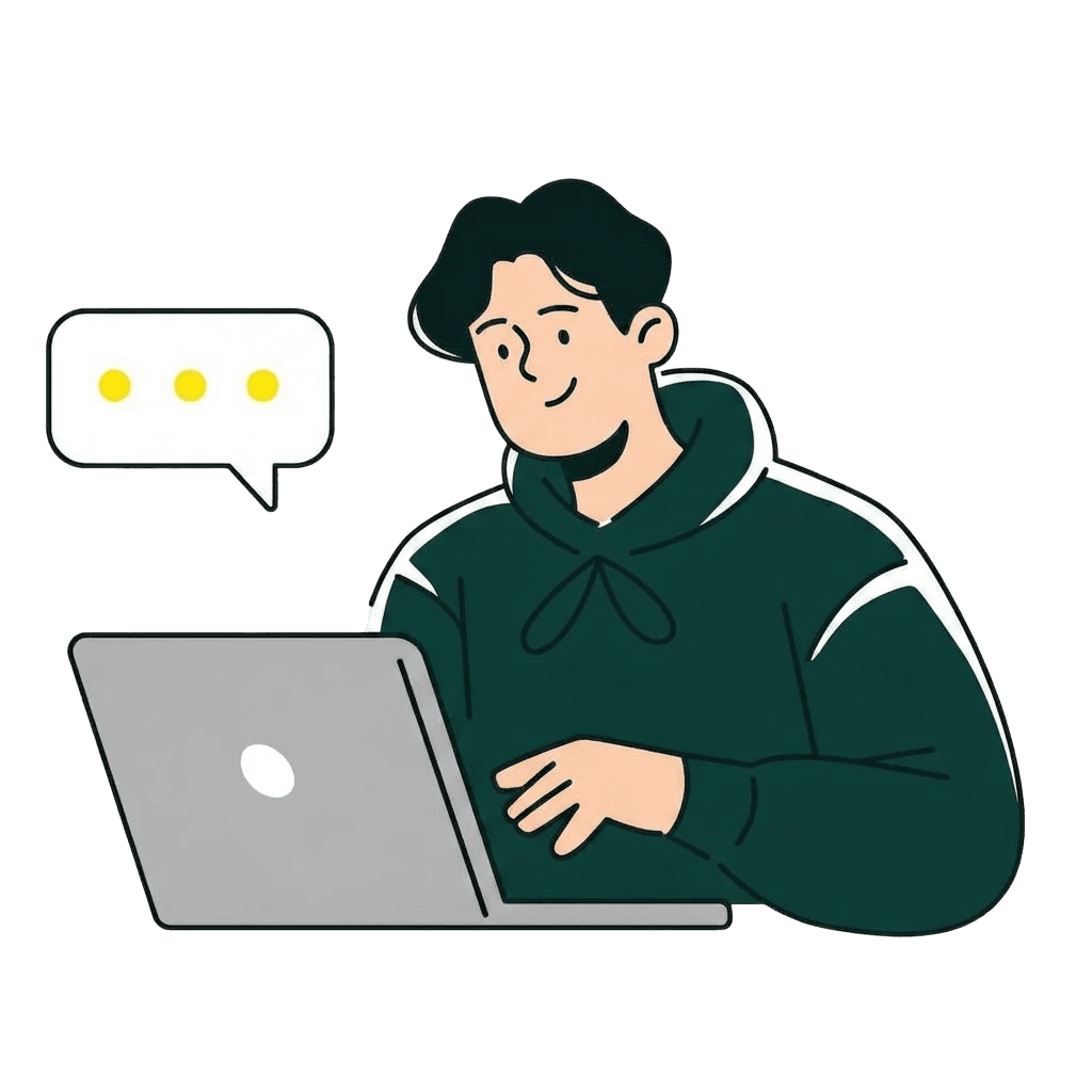 Illustration of a developer working on a laptop with page wireframes behind him