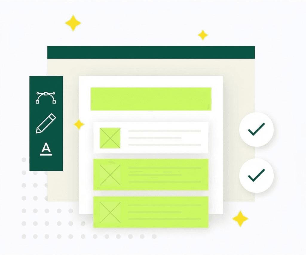 Illustration of a web build in progress showing layout components, workflow tools and checklists