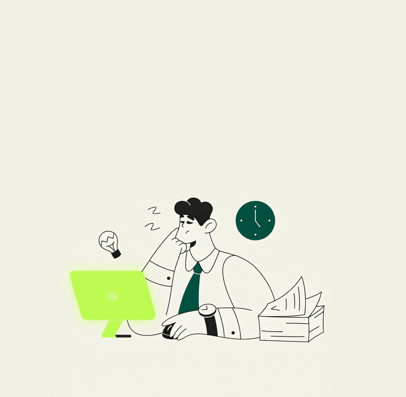 Illustration of a designer at a desk juggling ideas, time, and paperwork
