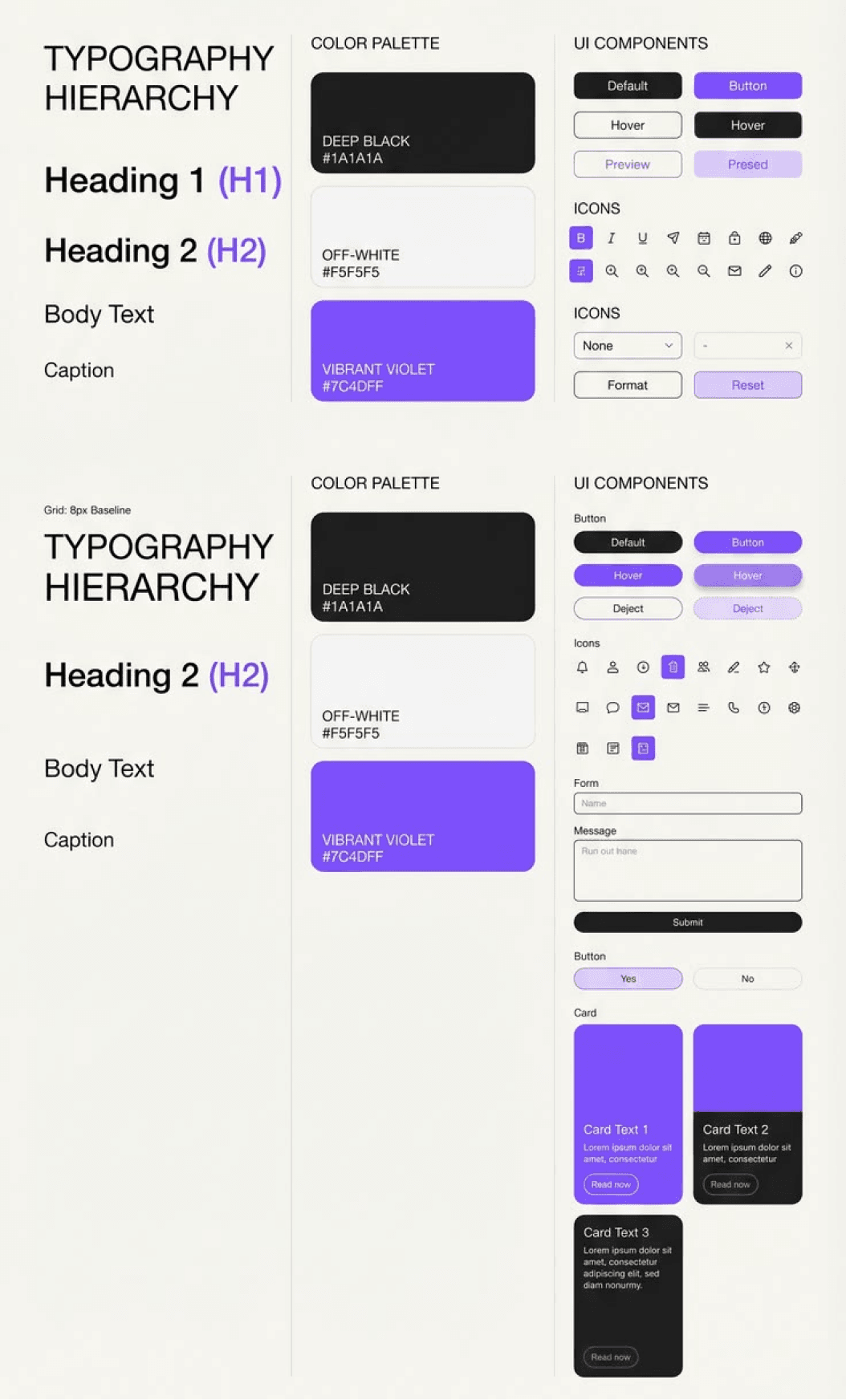 Design system preview showing typography scale, colour palette and UI components