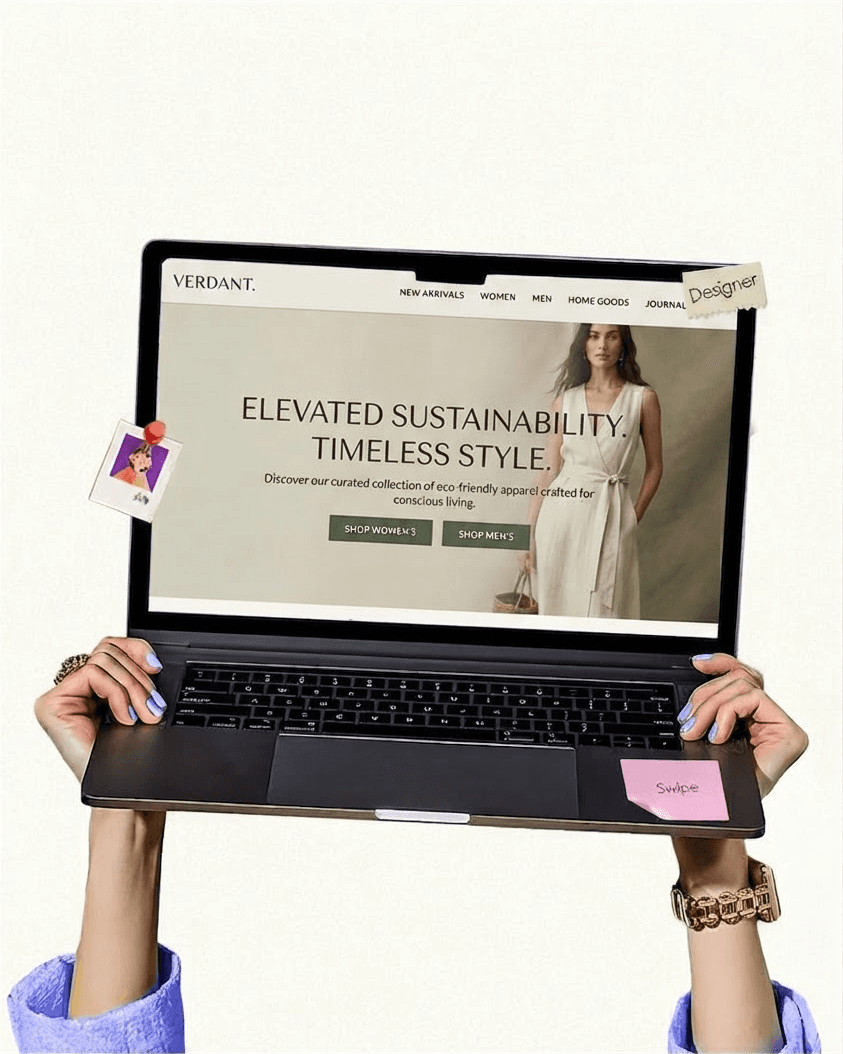 Designer holding up a laptop showing a fashion e-commerce landing page